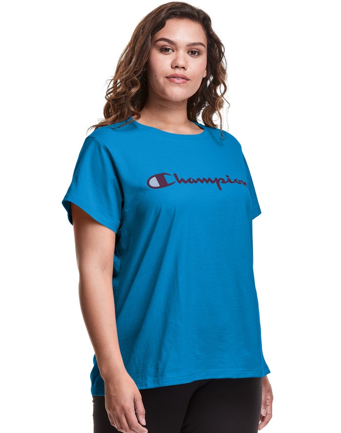 Champion T-Shirt Dames - Blauw - Plus Classic Script Logo ( 816504-ZWF )